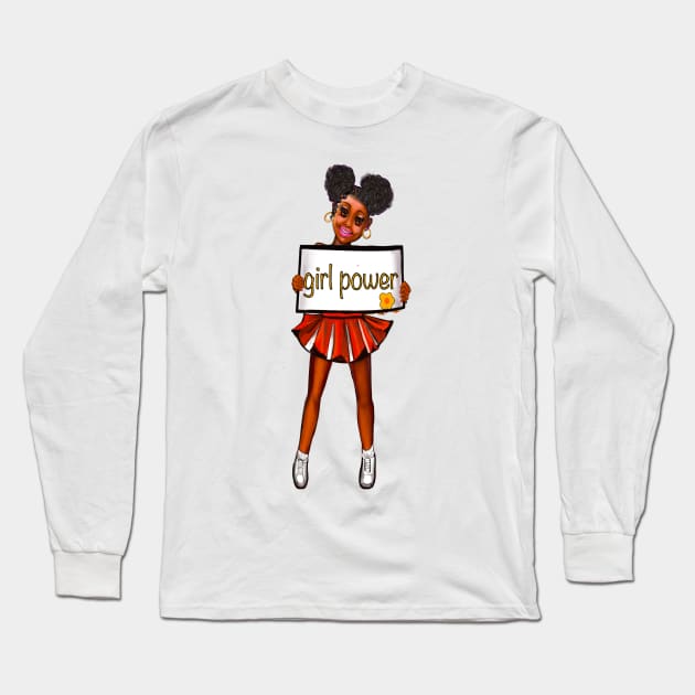 Girl power black anime manga girl cheerleader with cute dimples Afro hair in puffs, brown eyes and dark brown skin side profile. Hair love ! Long Sleeve T-Shirt by Artonmytee